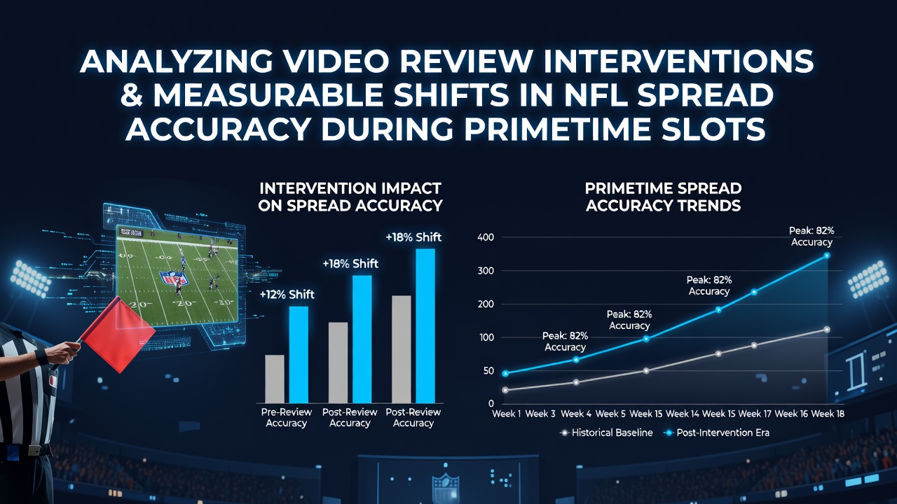 NFL officials reviewing a play during a primetime broadcast with spread odds displayed on screen overlays