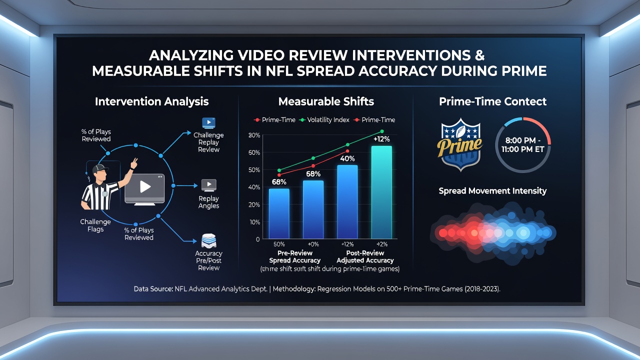 Chart displaying NFL primetime spread accuracy trends alongside video review frequency from 2014 to 2025