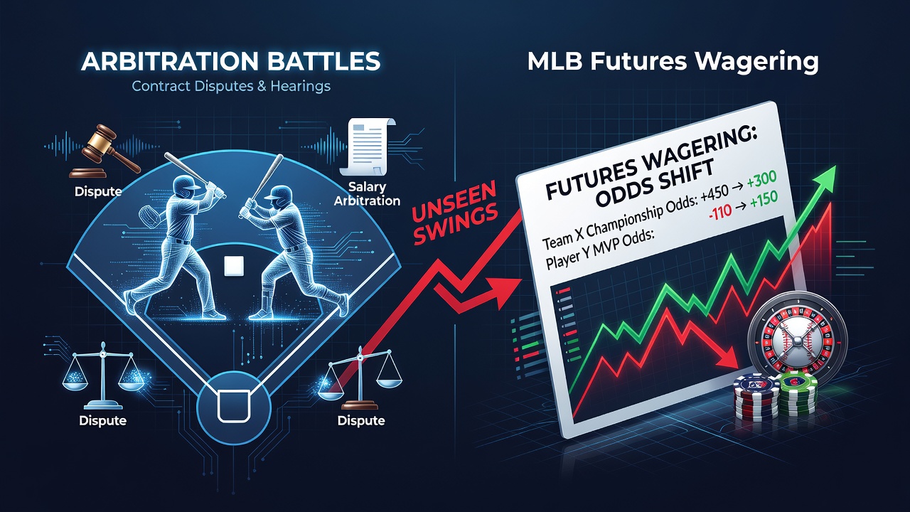 Sportsbook odds board displaying MLB futures markets with highlighted line changes after arbitration results