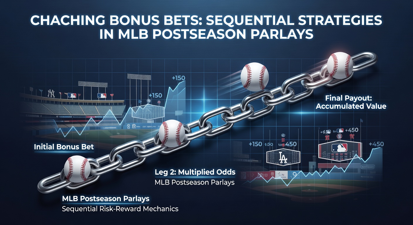 Diagram illustrating a sequential bonus bet chain across an MLB division series parlay, with arrows connecting game outcomes and escalating payouts