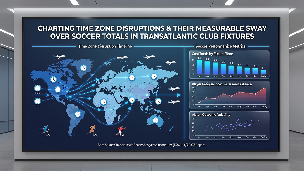 Soccer analysts reviewing time zone impact charts and goal total trends on digital screens