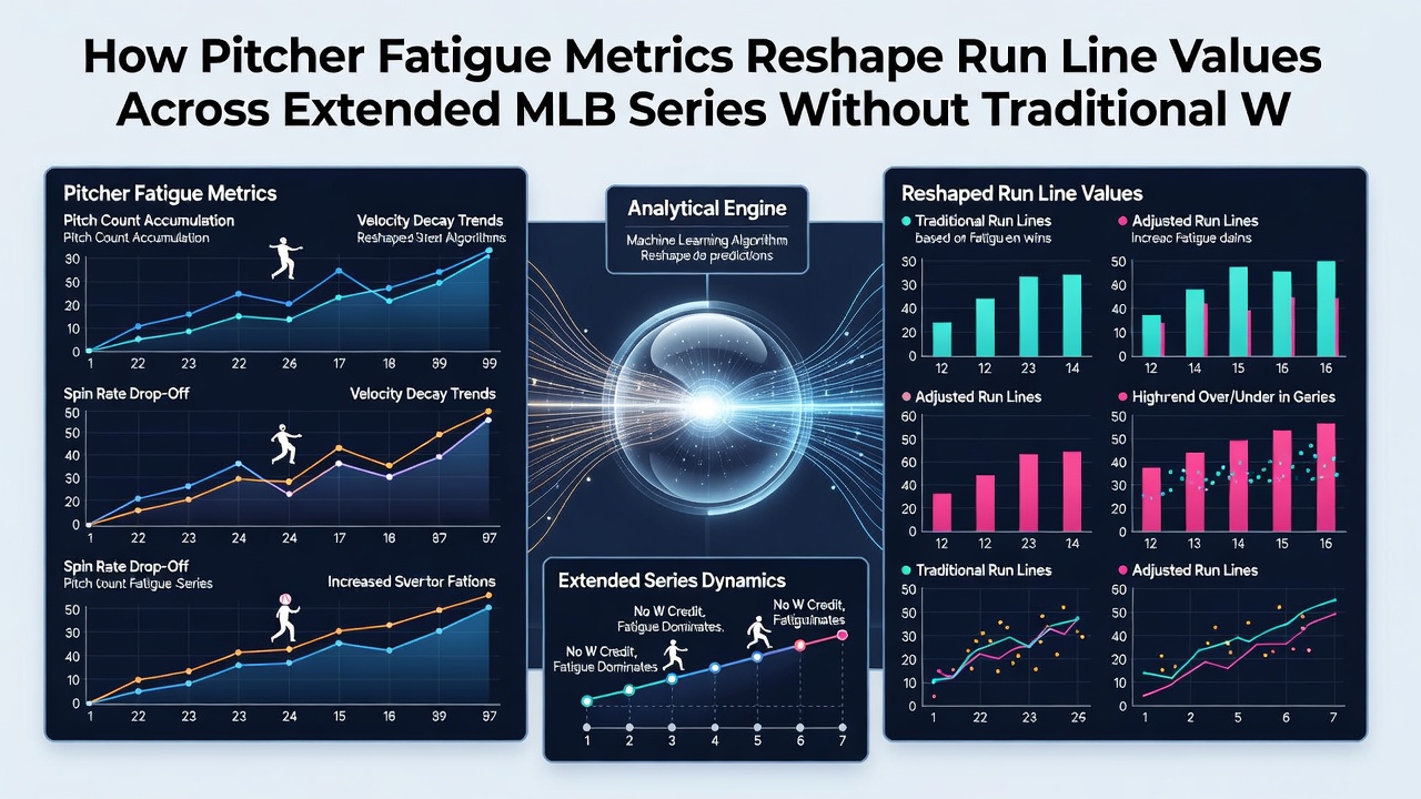 Data visualization screen displaying MLB pitcher fatigue metrics and run line adjustments during a series