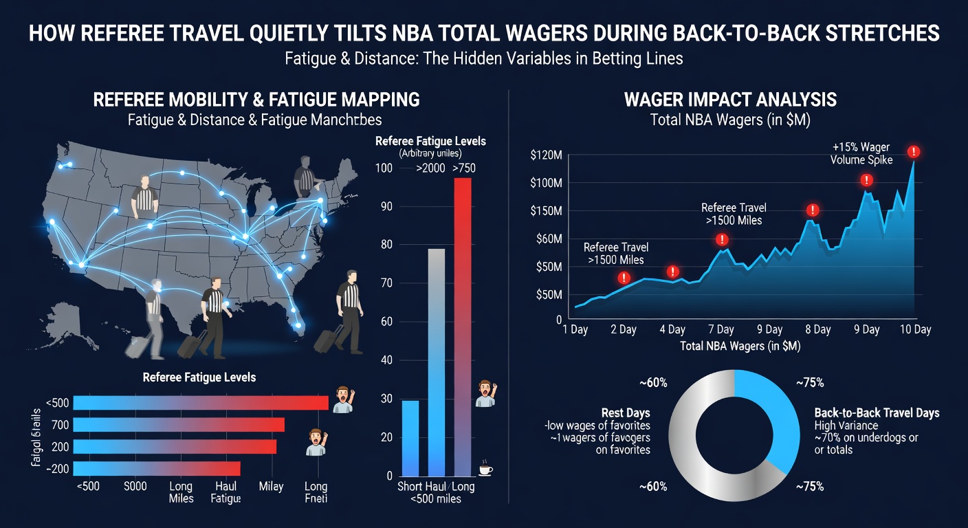 Chart showing referee travel distances alongside NBA game total outcomes during back-to-back periods