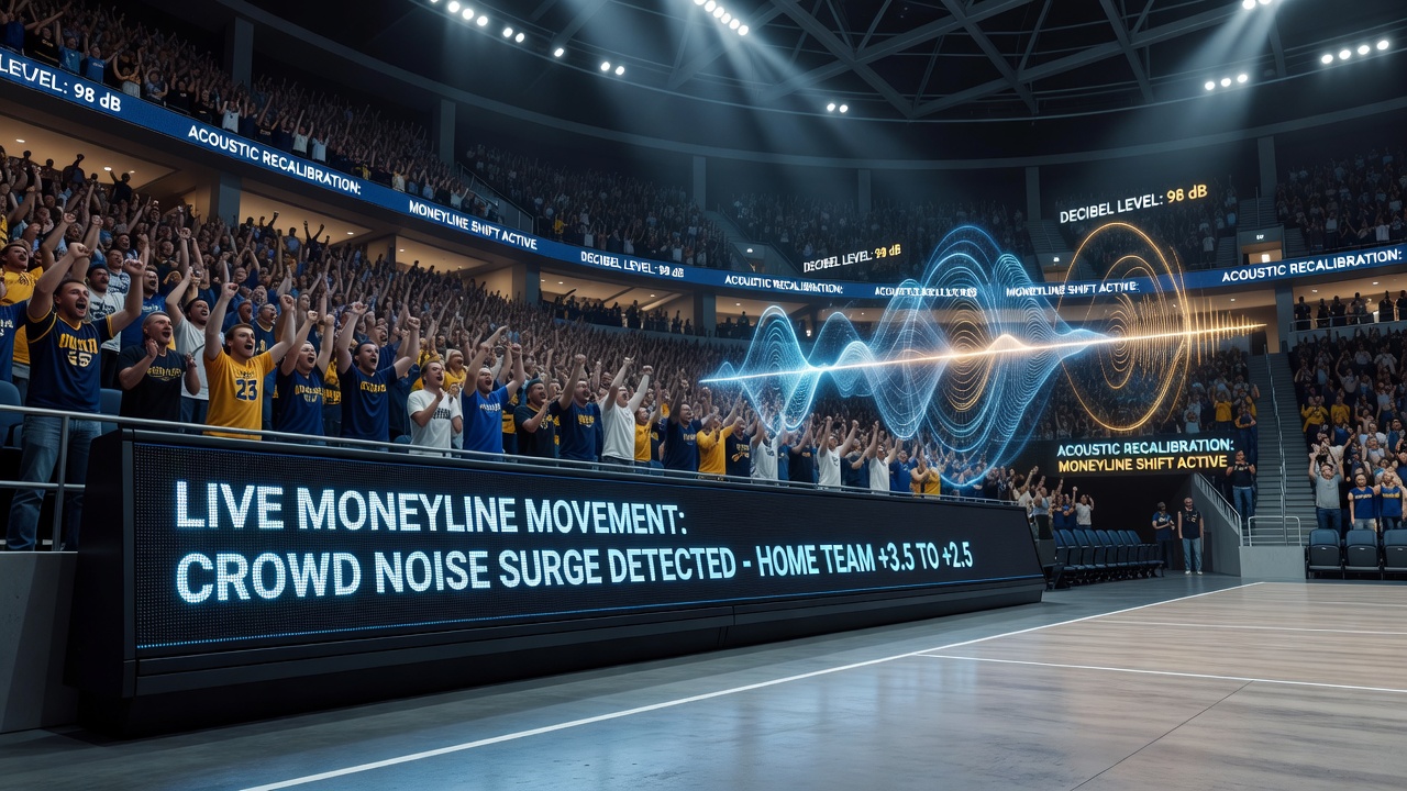 Interior view of an enclosed NBA arena showing crowd density and sound wave patterns during a high-stakes game