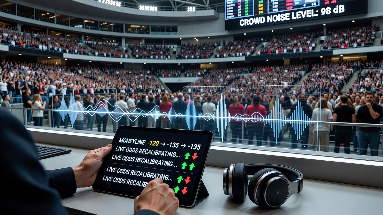 Close-up of a digital betting board displaying live moneyline adjustments during an arena event with crowd noise indicators