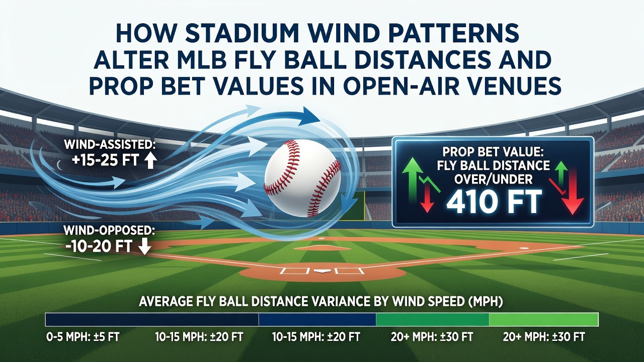 Diagram showing wind flow patterns over an open-air MLB stadium and their impact on fly ball trajectories