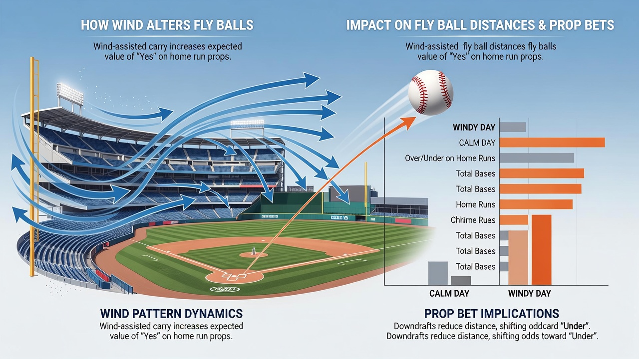 Chart displaying average fly ball distance changes by wind direction across multiple MLB stadiums