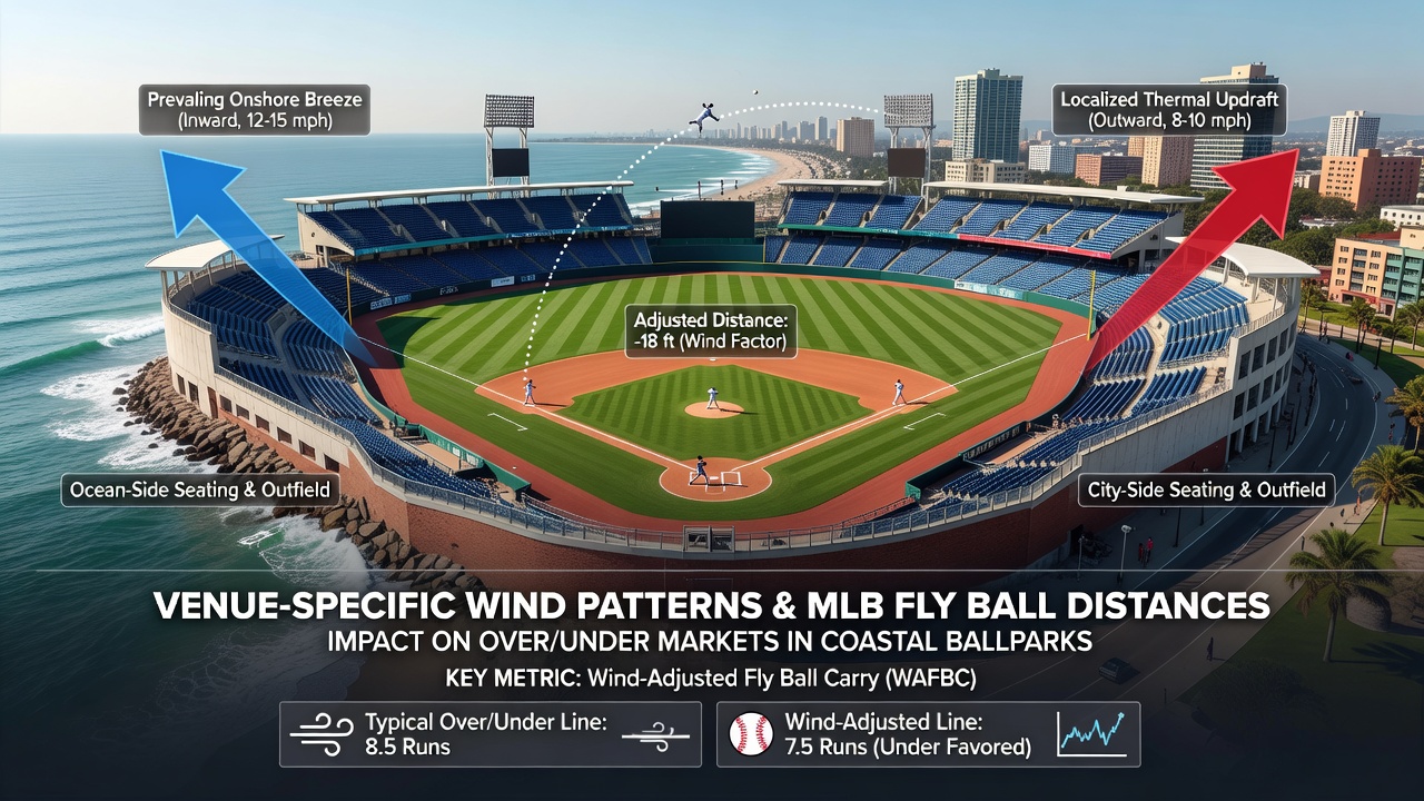 Statcast data visualization of fly ball distance variations due to wind at San Francisco and San Diego ballparks