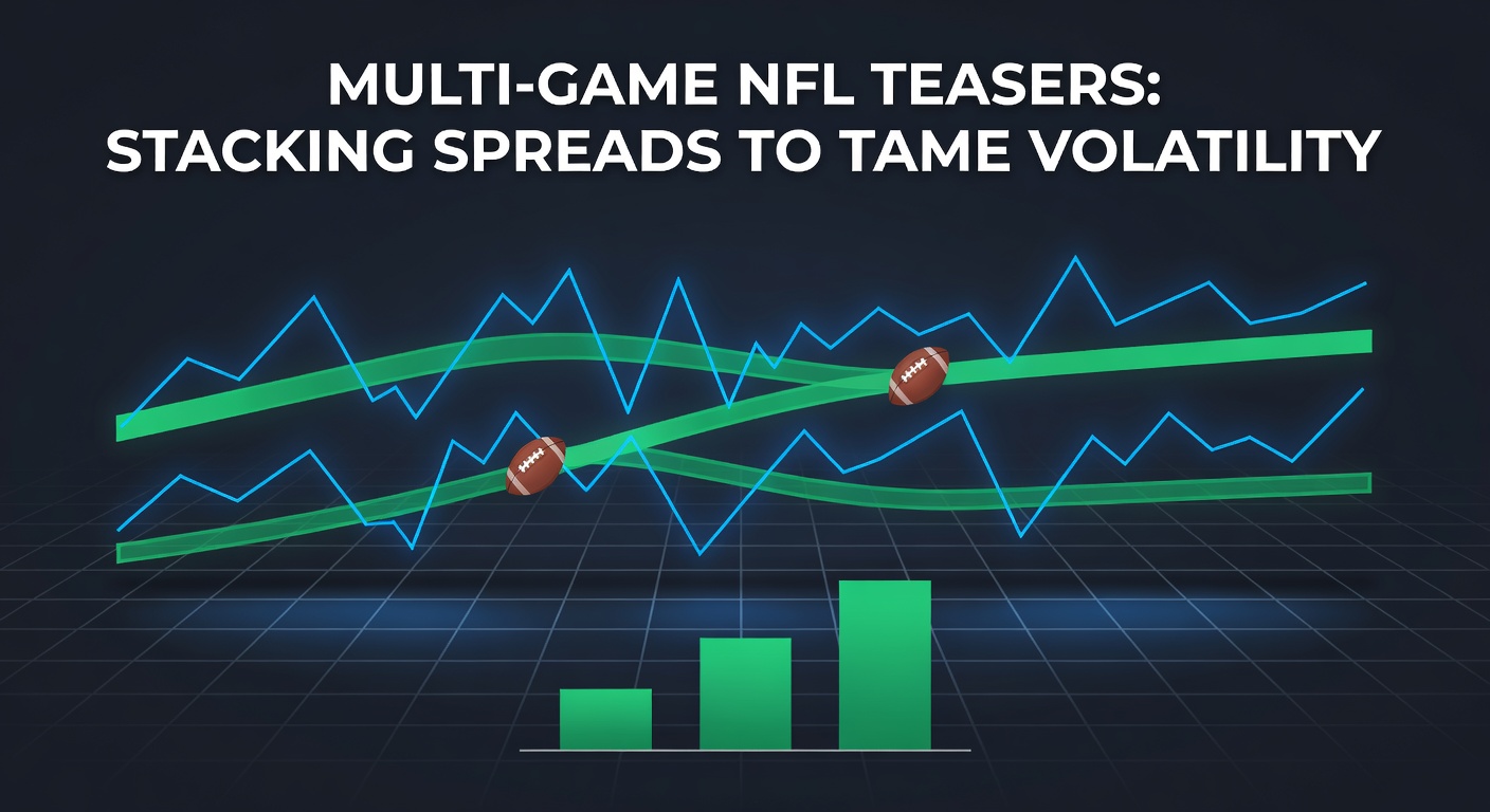 Visual breakdown of a six-leg NFL teaser stack with pre- and post-adjustment spreads, highlighting volatility reduction graphs