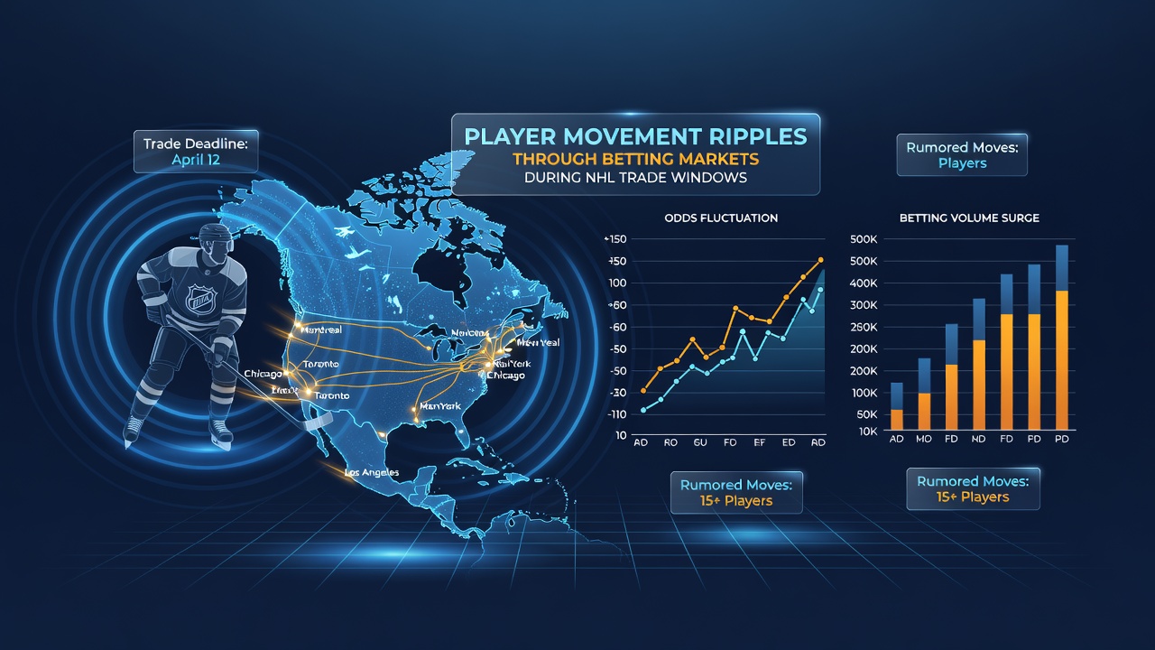 Betting market graphs showing line movements after NHL trades with team logos and odds boards