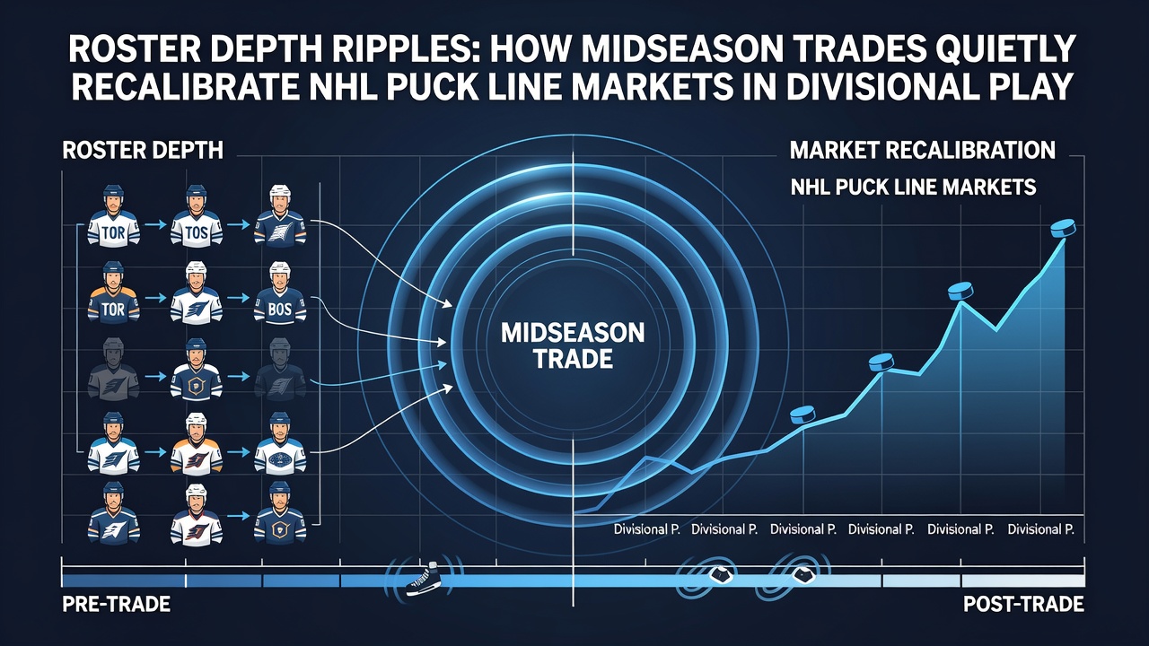 Hockey analysts reviewing trade impact charts and puck line market movements on multiple screens