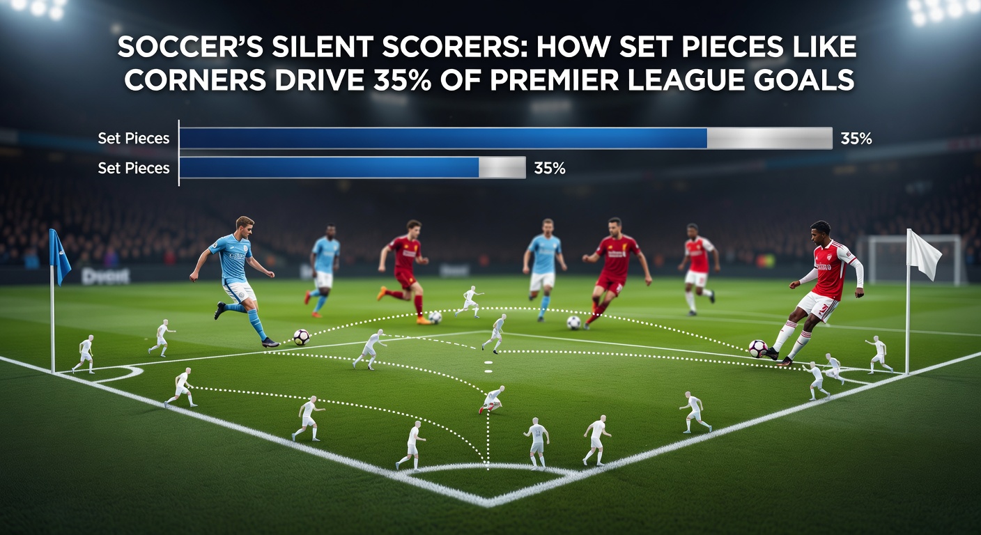 Players executing a well-rehearsed free-kick routine in a Premier League match, with the ball soaring toward a cluster of attackers