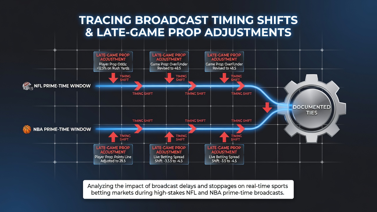 Prime-time NFL game broadcast with visible timing overlays and betting prop markets updating in real time
