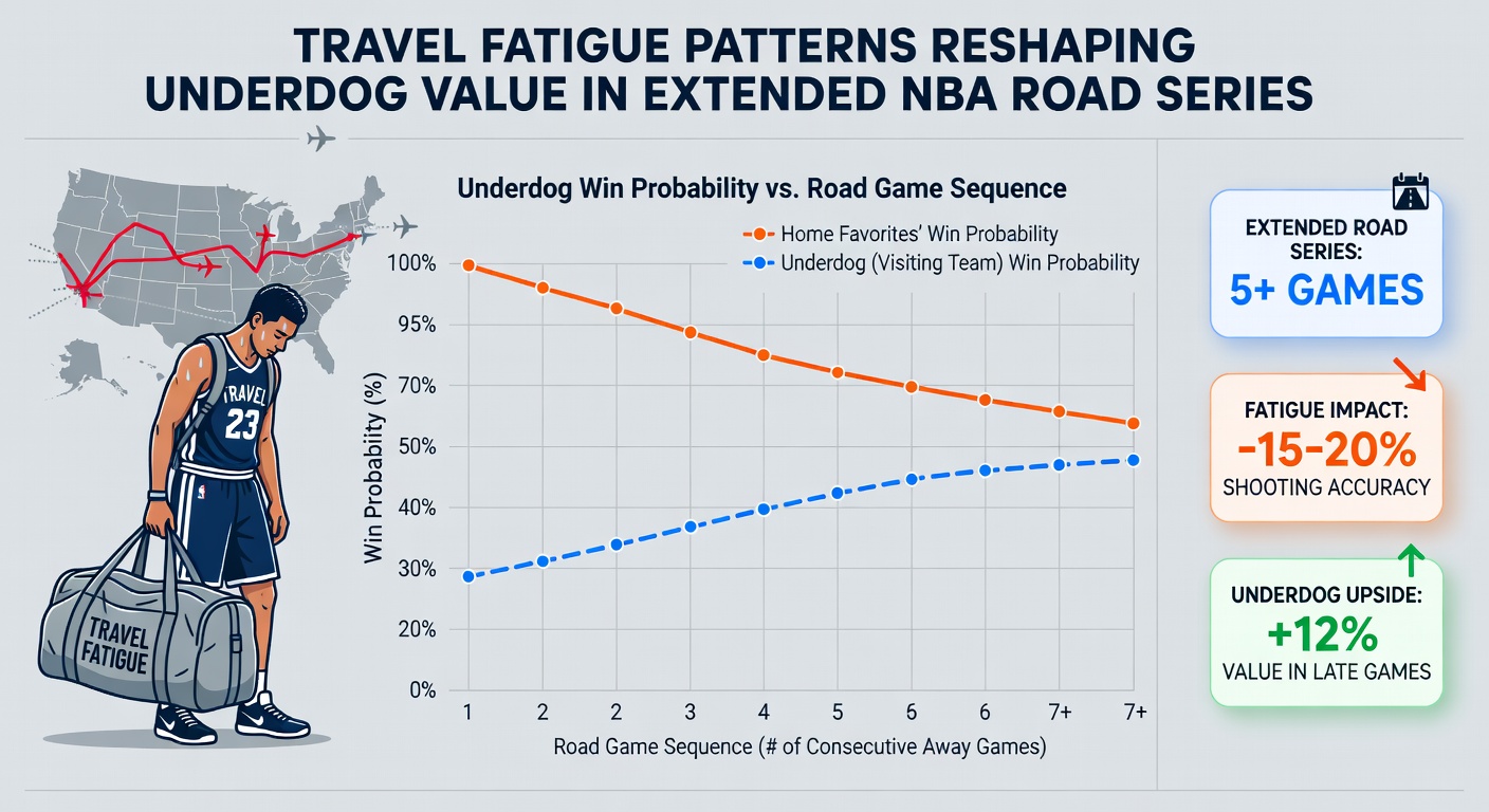 Basketball arena view highlighting road team bench during a long series, showing signs of travel impact