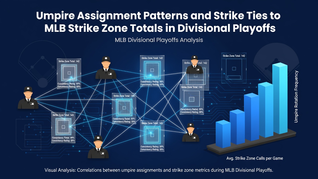 MLB umpires reviewing calls during a divisional playoff game with strike zone overlay graphics displayed on the field monitor