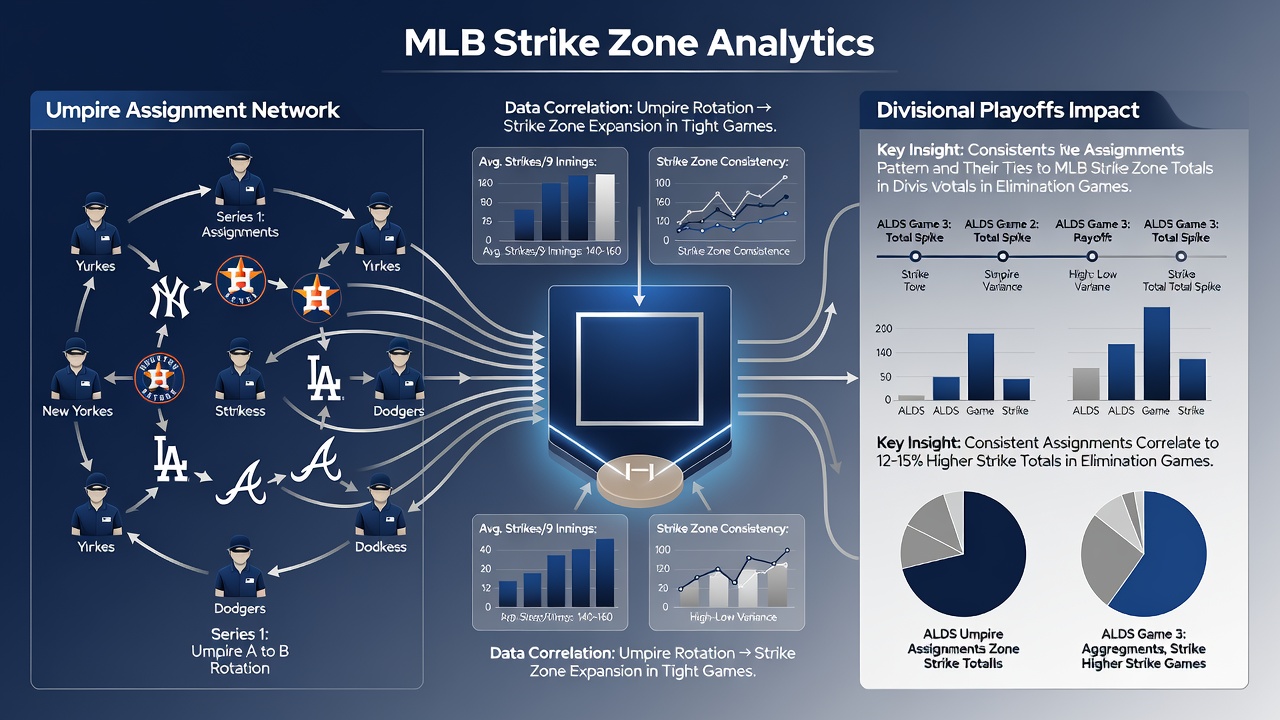 Close-up view of an MLB umpire signaling a strike with pitch tracking data superimposed showing zone boundaries during a playoff contest