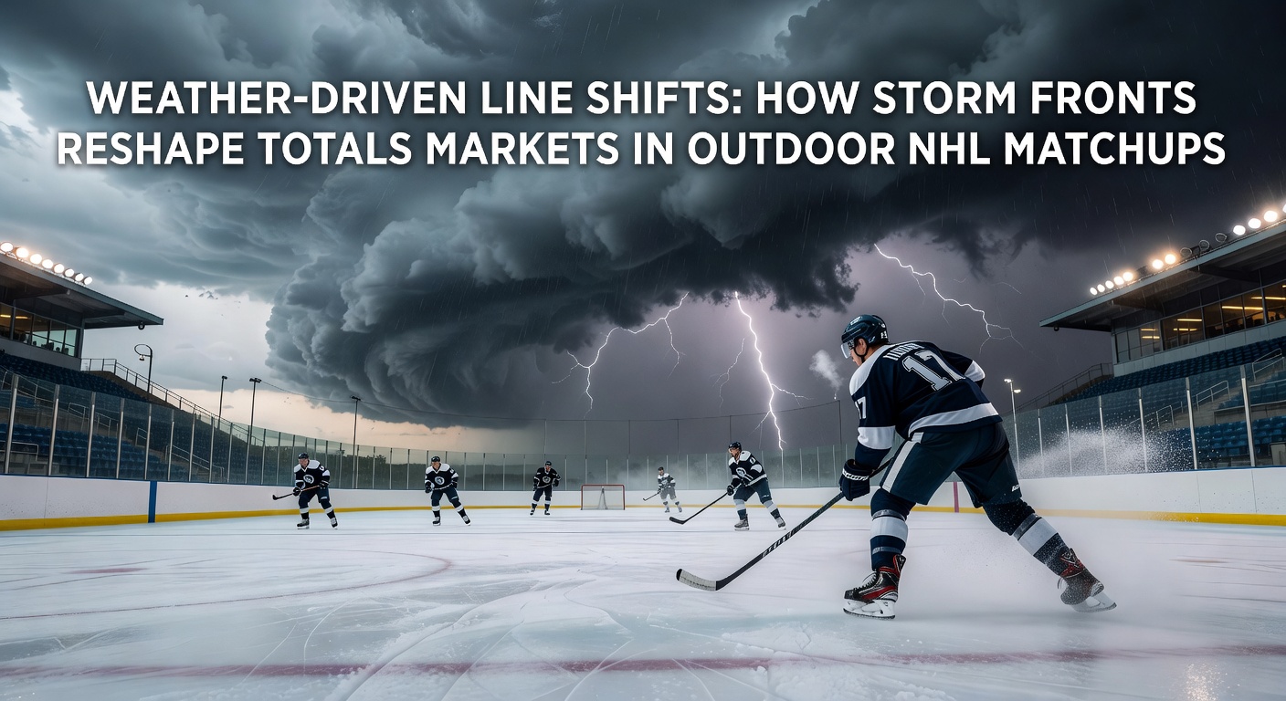 Outdoor NHL game arena with approaching storm clouds impacting ice conditions and betting totals
