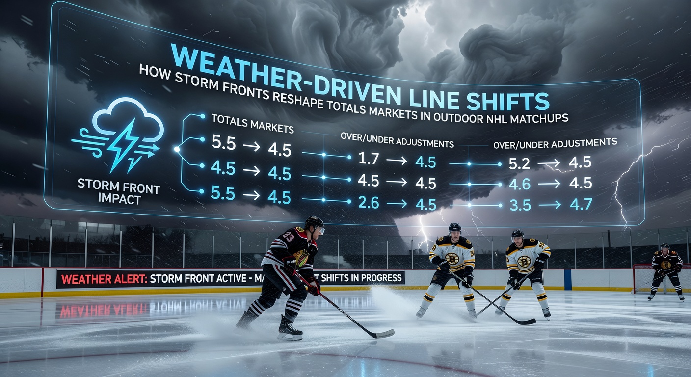 Betting market graphs showing totals line movement during NHL outdoor games affected by weather fronts